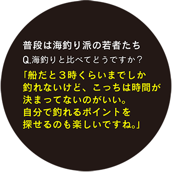 普段は海釣り派の若者たち Q.海釣りと比べてどうですか？「船だと3時くらいまでしか釣れないけど、こっちは時間が決まってないのがいい。自分で釣れるポイントを探せるのも楽しいですね。」